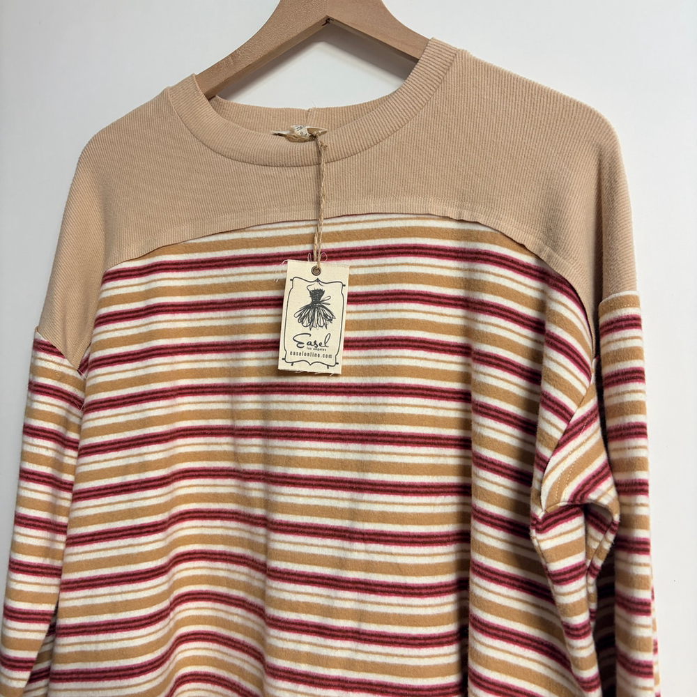 Women's Easel Long Sleeve Tee S Beige Red Striped Oversize Fit New With Tags - Picture 5 of 5